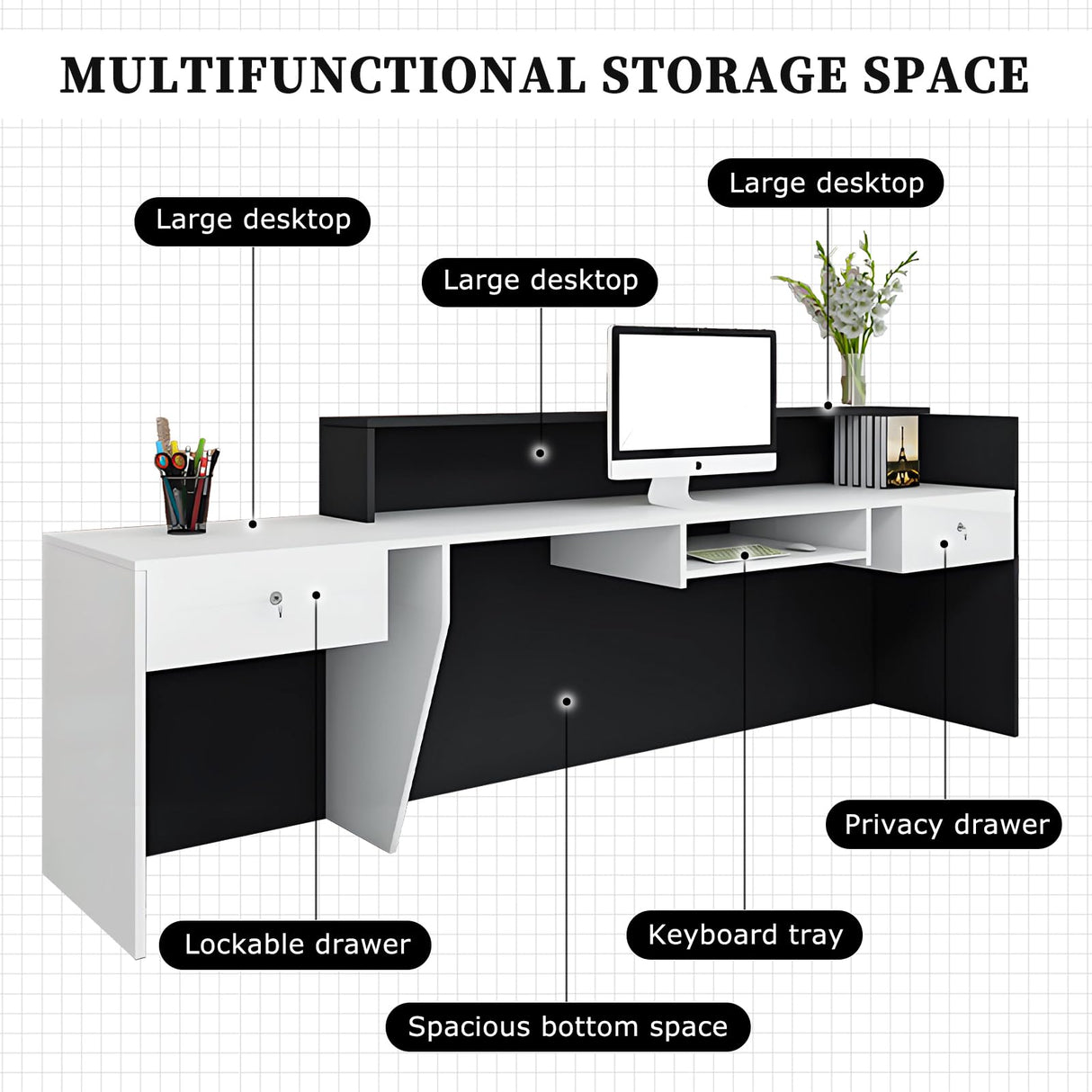 L-Shaped Reception Desk with Counter, Lockable Drawers & Storage, Modern Front Desk Reception Counter 47–118 Inch, Office Salon Checkout Receptionist Desk Wood + White Right 78.7 x 23.6 x 39.4 in Tazyee