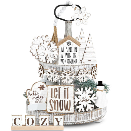GlikCeil 19 Pcs Neutral Winter Tiered Tray Decor Sets Cozy Snowflakes Wooden Signs Tiered Tray Decor Rustic Farmhouse Decoration for Winter Xmas Home Tabletop(Rustic) GlikCeil