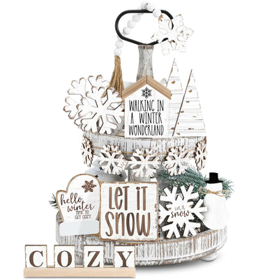 GlikCeil 19 Pcs Neutral Winter Tiered Tray Decor Sets Cozy Snowflakes Wooden Signs Tiered Tray Decor Rustic Farmhouse Decoration for Winter Xmas Home Tabletop(Rustic)