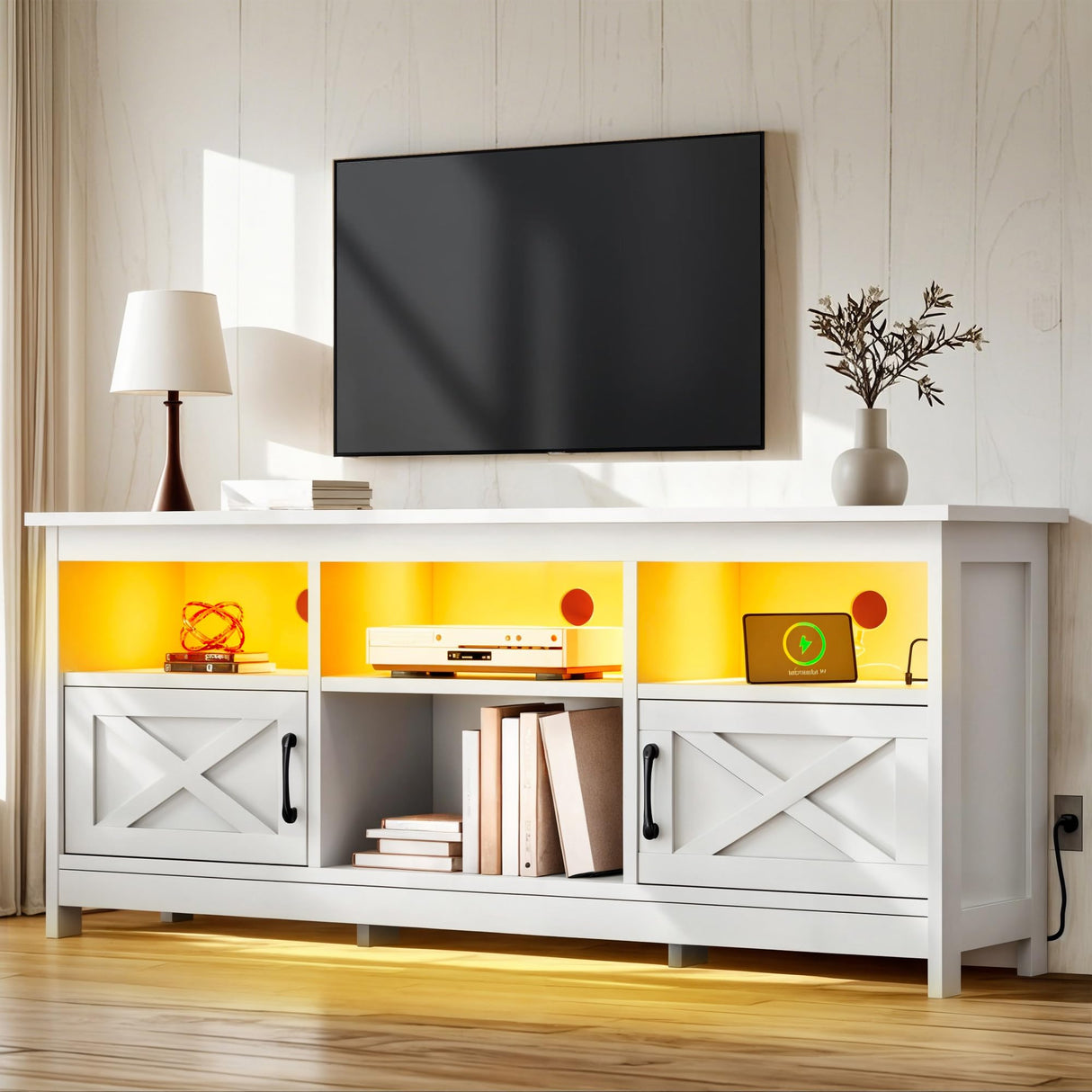 YITAHOME TV Stand for 65 Inch TVs, Entertainment Center with Storage Cabinets, Power Outlet & LED Light, Media Console Living Room Furniture, White YITAHOME