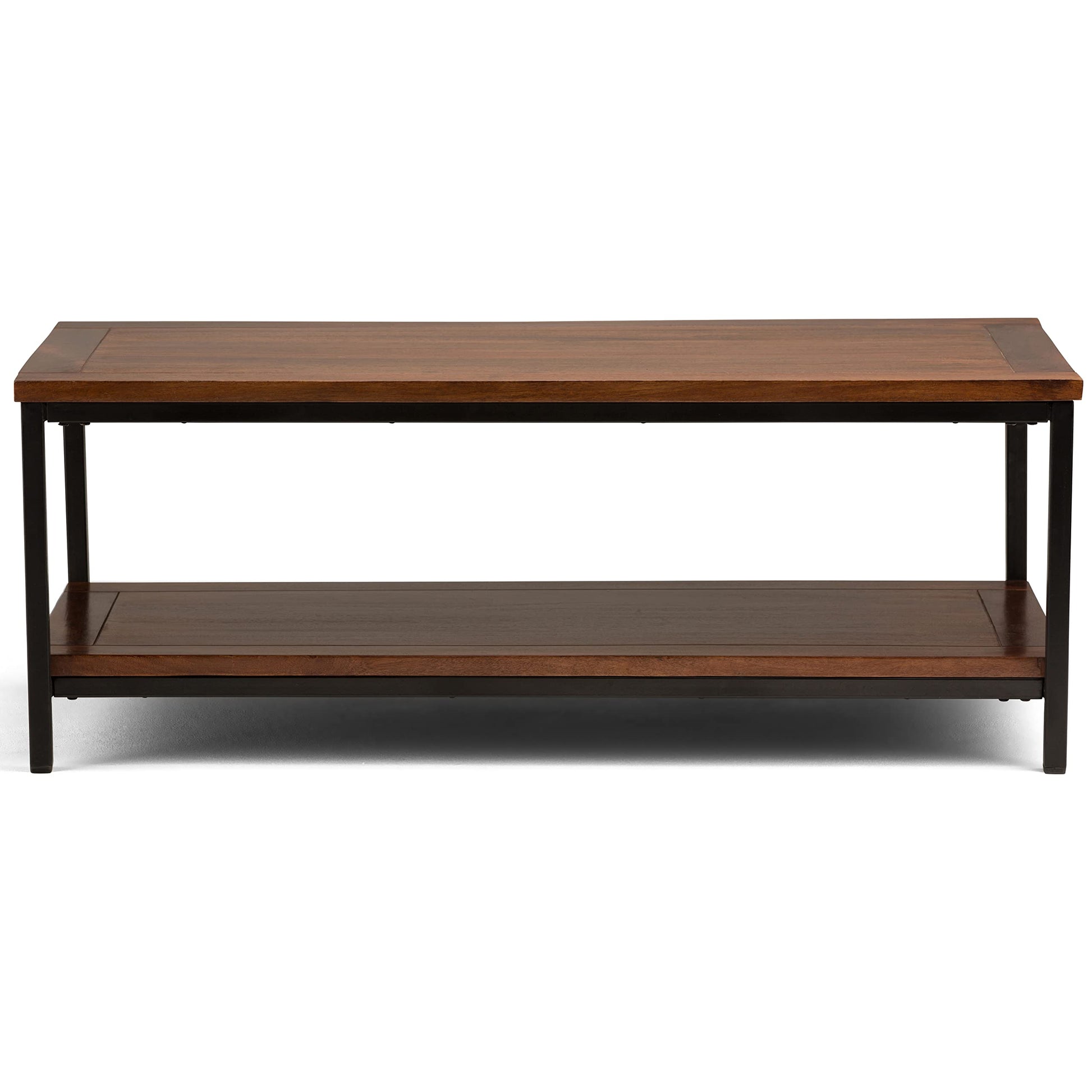 SIMPLIHOME Skyler SOLID MANGO WOOD and Metal 48 inch Wide Rectangle Modern Industrial Coffee Table in Dark Cognac Brown, for the Living Room and Family Room - WoodArtSupply