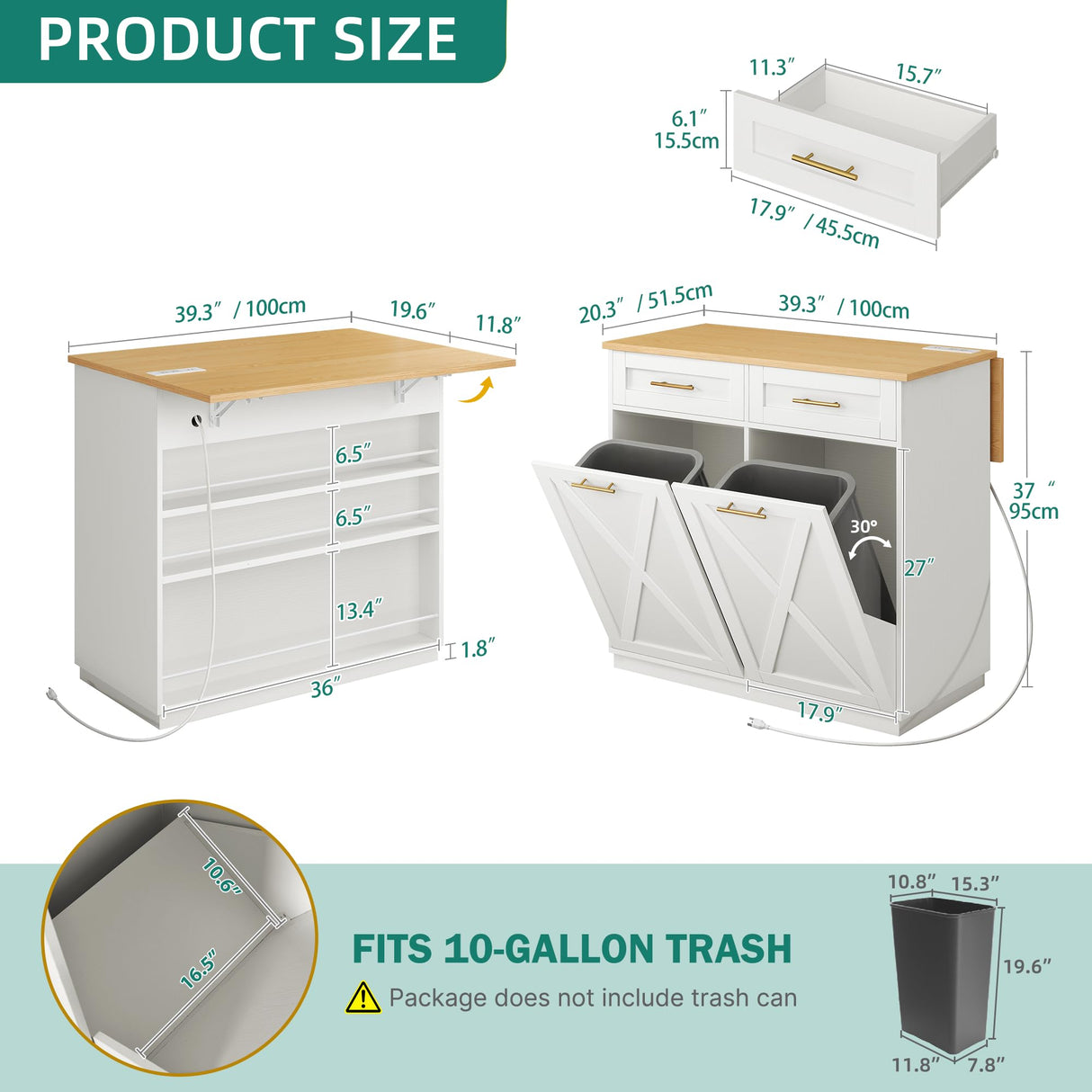 YITAHOME Double Tilt Out Trash Cabinet 10 Gallon with Drop Leaf & Power Outlet, Rolling Kitchen Island Trash Can Recycling Cabinet w Drawer, Pet Proof Garbage Bin Storage for Kitchen, White Oak YITAHOME