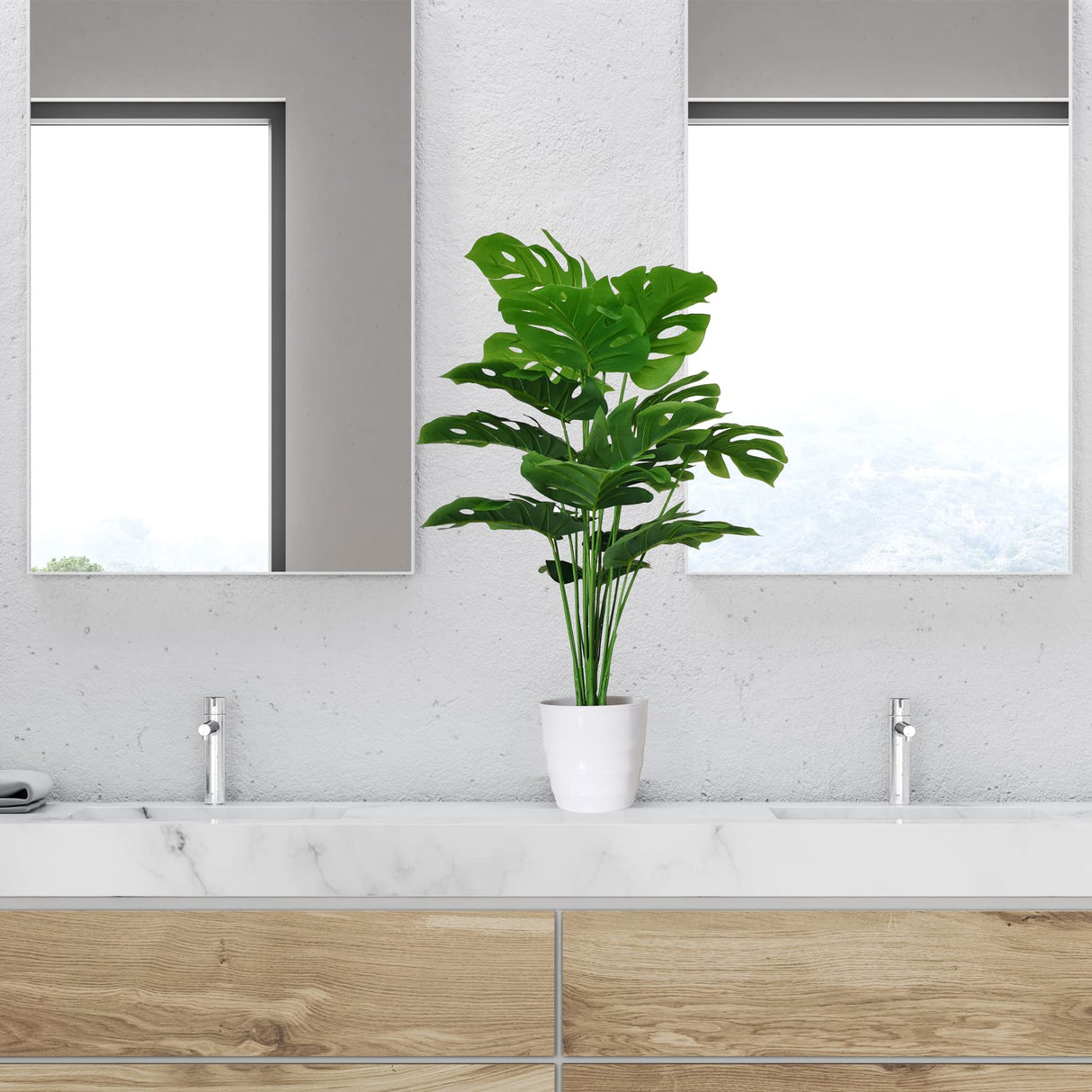 SAJANDAS Set of 2 Artificial Monstera Deliciosa Plants in Pots, Fake Tropical Palm Tree with Greenery Leaves Stems, 28 Inch Artificial Cheese Plant for Home Bathroom, Office, Windowsill Decor SAJANDAS