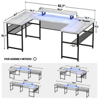 Unikito Reversible U Shaped Computer Desk with Power Outlet, LED Lights, and Monitor Stand – Modern 130 Inch Dual Purpose Office and Gaming Table in White Oak - WoodArtSupply