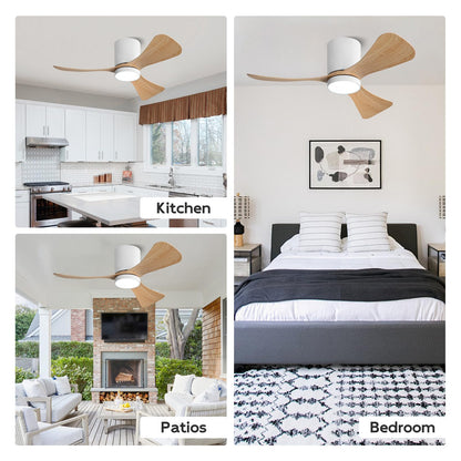 ELEHINSER 42 Inch Low Profile Ceiling Fan with Lights, Modern Flush Mount Ceiling Fan, 3 ABS Blades, 6-Speed, Reversible DC Motor, Noiseless, for Indoor/Outdoor Kitchen Bedroom, White+Wood