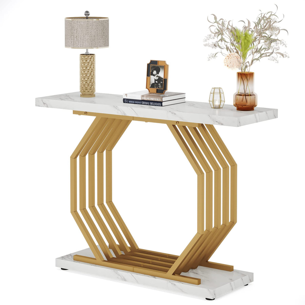 Tribesigns Gold Console Table, Faux Marble Entryway Narrow Sofa Table with Geometric Metal Base, 40 Inch Modern Accent Entrance Table for Living Room, Hallway, Foyer, White and Gold Tribesigns