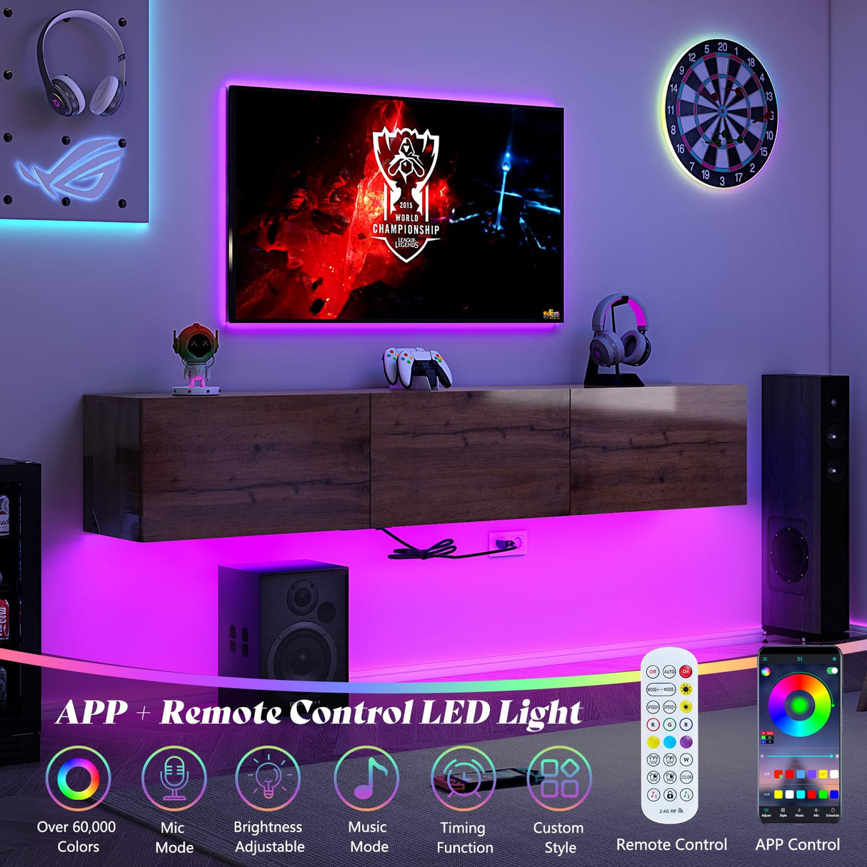 AMERLIFE 70" Floating TV Stand with LED Lights and Power Outlet, High Gloss Wooden Texture Wall Mounted Entertainment Center with Doors, Media Console for TVs Up to 80", Espresso AMERLIFE