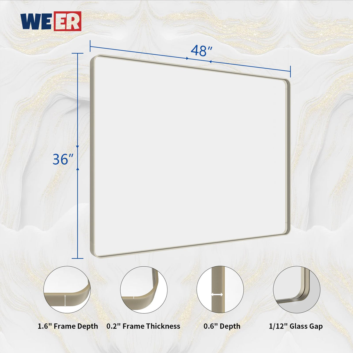 WEER 48X36 Inch Brushed Nickel Bathroom Mirror, Brushed Silver Metal Frame Mirror, Rounded Rectangle Silver Bathroom Vanity Mirror, Tempered Glass, Anti-Rust, Hangs Horizontally or Vertically WEER