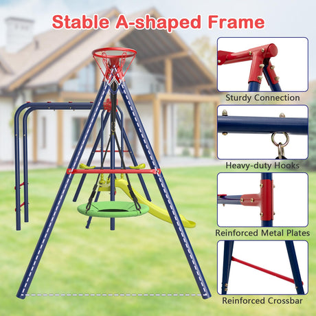 OLAKIDS Swing Sets for Backyard, 7 in 1 Outdoor 660LBS A-Frame Heavy Duty Metal Swing Stand with Monkey Bar for Kids, Playground Playset with Slide, 2 Swings, Glider, Trapeze Rings, Basketball Hoop Olakids