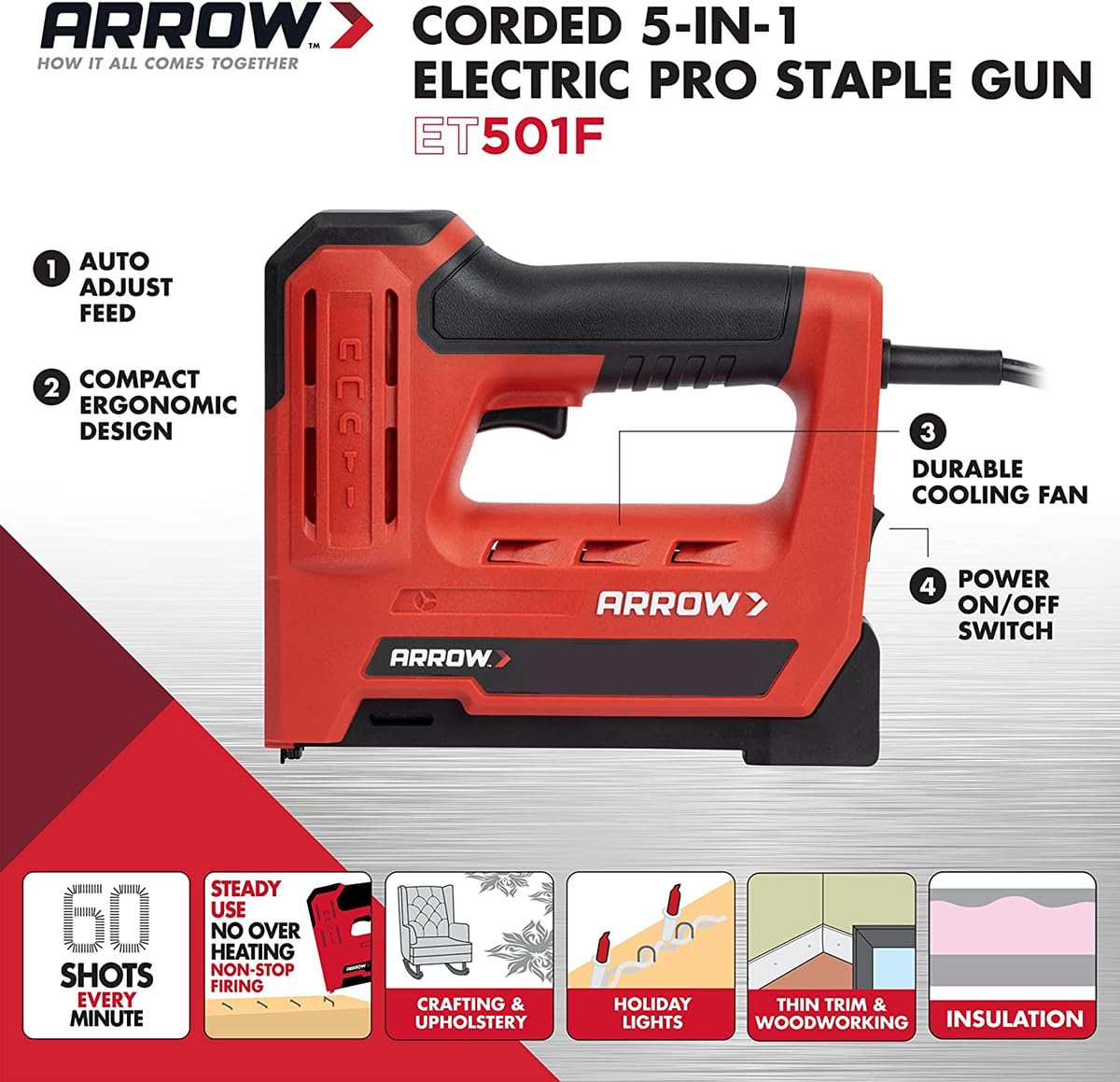 Arrow ET501F Corded 5-in-1 Professional Electric Staple and Nail Gun, Wire Stapler, and Brad Nailer for Upholstery, Framing, Insulation, Crafts, Fencing, and Cable, Black/Red Arrow