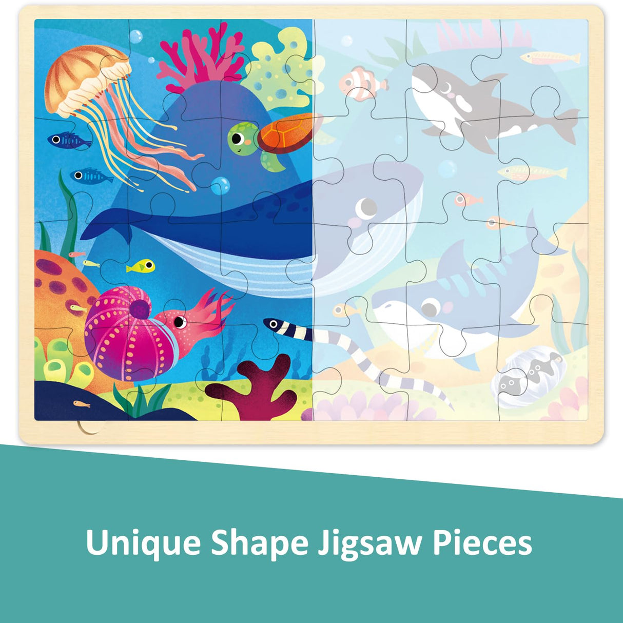 MoinKidz 24 Piece Puzzles for Kids Ages 3-5, Unique Shape Jigsaw Pieces Ocean Animal, Wooden Jigsaw Puzzle for 3 4 5 Year Old, Preschool Toddler Puzzle with Storage Tray MoinKidz