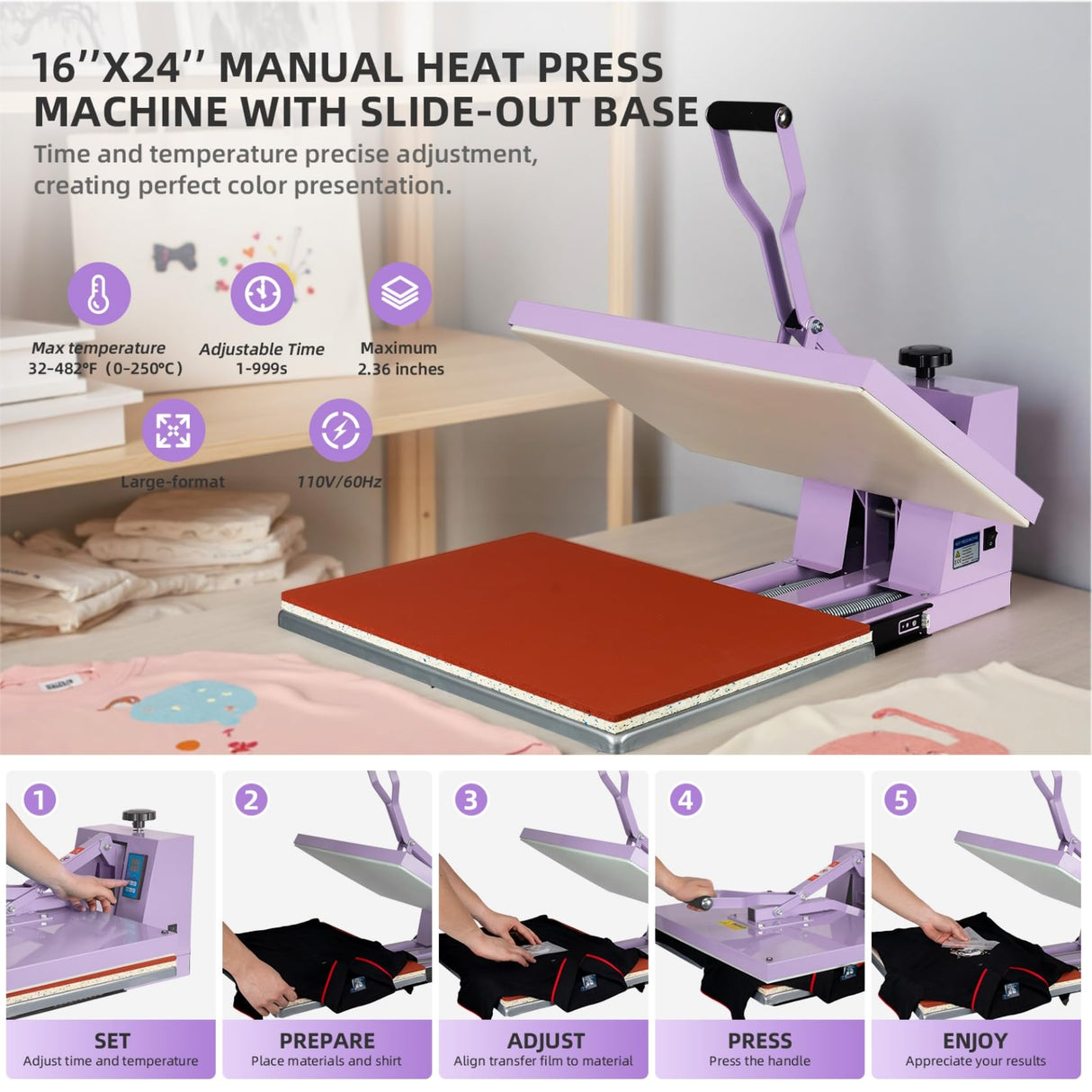 TLSols Heat Press 16x24 in, Manual Heat Press Machine for T Shirts, Swing Away T Shirt Pressing Machine for Garments Bag Textile Curtain Mousepad, with Slide-Out Base, Purple TLSols