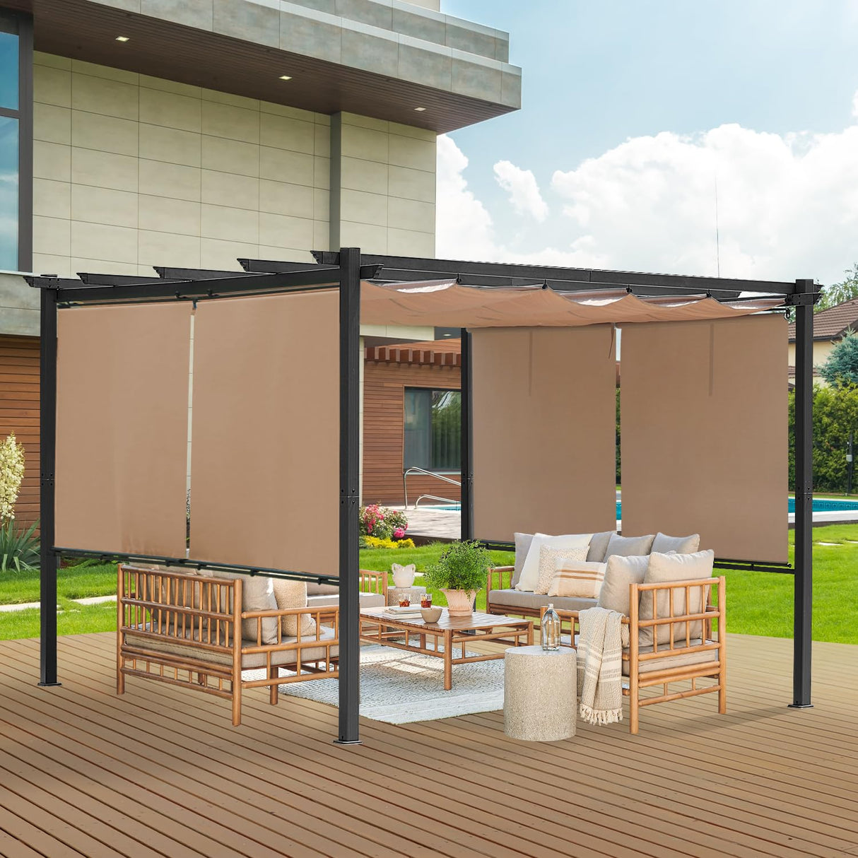 Aoodor 10 x 13 ft Outdoor Pergola with Retractable Canopy, Aluminum Frame, 4 Pieces Patio Sun Shade Shelter for Backyard, Deck - Brown Aoodor