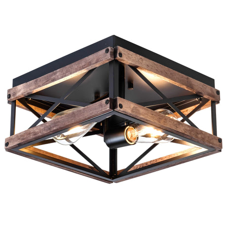 MAYNA 2-Light Industrial Ceiling Light Fixtures, Farmhouse Flush Mount Ceiling Light, Metal and Wood Square Dining Room Light Fixture for Hallway Bedroom Balcony Farmhouse,Black MAYNA