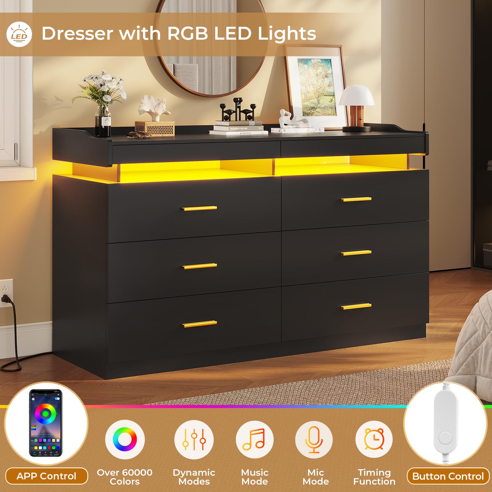 BTHFST LED Dresser for Bedroom Wood, 6 Drawer Dresser with 2 Pull-Out Trays, Chest of Drawers for Bedroom, Modern Wide Dresser for Living Room, Entryway, Black - WoodArtSupply