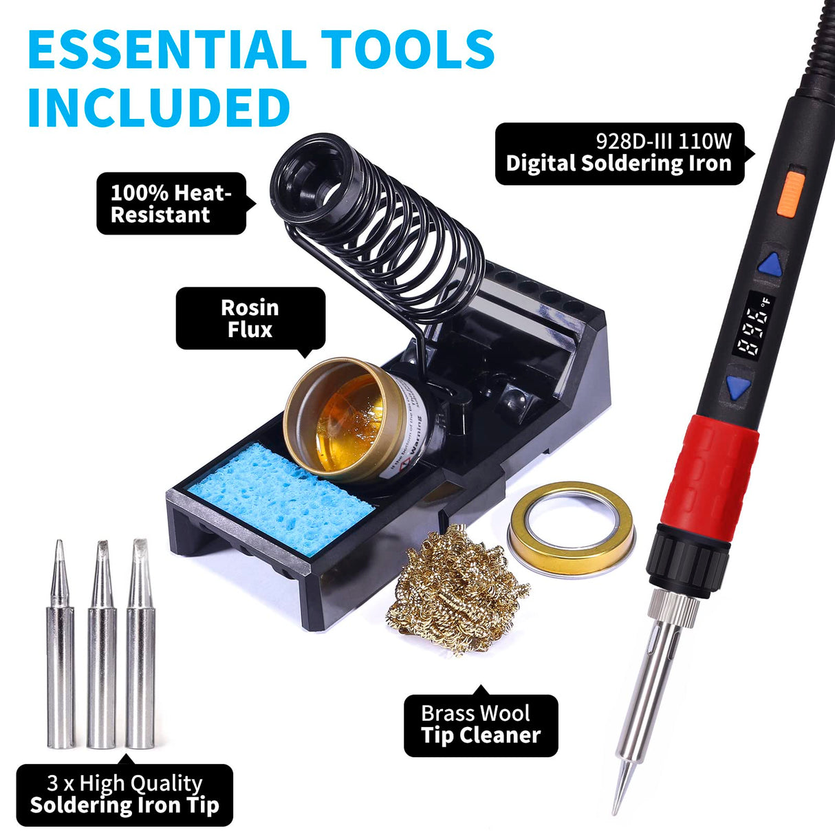 YIHUA 928D-III Soldering Iron,110W High Power, Fully Digital Display °F /°C- Temperature Control Soldering Tool, Accurate 194~896°F, with ON/OFF Switch, Iron Tip, Brass Wool, Automatic Sleep Mode YIHUA