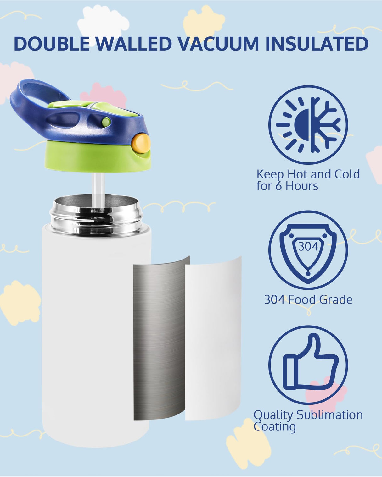 OFFNOVA 12oz Kids Sublimation Tumbler, 8 Pack Kids Sublimation Tumbler Blank with One-click Pop-up Straw and Handle for Heat Transfer, Children Sublimation Cups for Milk, Soda, Juice, Drinks OFFNOVA