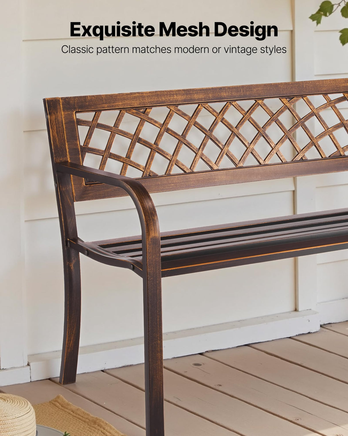 VEVOR Outdoor Bench, 46 inch, Carbon Steel Metal Frame with PVC Mesh Pattern Backrest and Round Edge Armrests, Weatherproof Outside Bench for Patio, Garden, Park, Yard, Front Porch, Antique Bronze VEVOR
