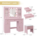 Makeup Vanity Desk with Mirror and Lights, Pink Vanity Table Set with Storage Drawers, Charging Station, Cabinets & Chair, Large Dressing Table with RGB Ambient Light for Women Girls Bedroom Bathroom Xixini