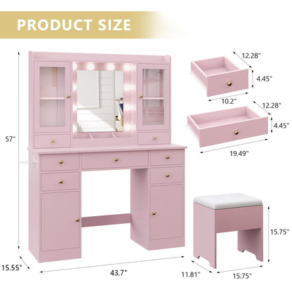 Makeup Vanity Desk with Mirror and Lights, Pink Vanity Table Set with Storage Drawers, Charging Station, Cabinets & Chair, Large Dressing Table with RGB Ambient Light for Women Girls Bedroom Bathroom