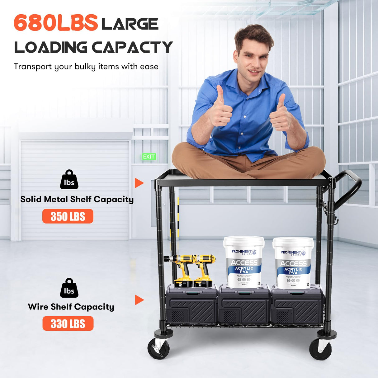 WDT 680Lbs Capacity Heavy Duty Rolling Utility Cart,2 Tier Rolling Carts with Wheels,Commercial Grade Metal Cart with Handle Bar & Shelf Liner,Trolley Serving Cart for Restaurant,Kitchen,Black WDT