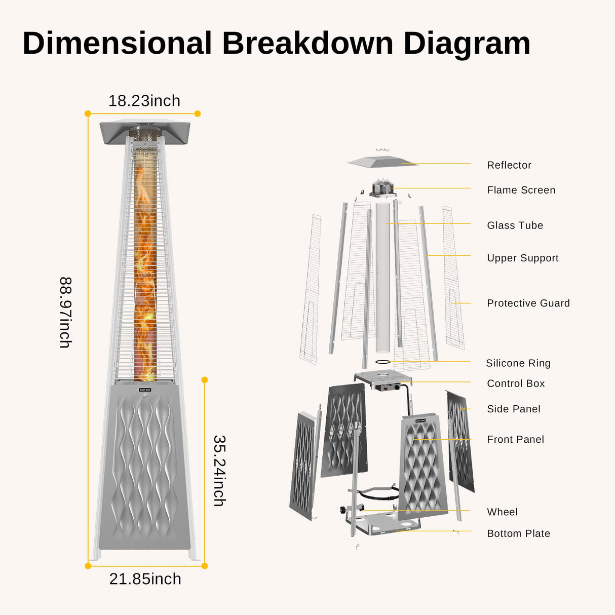 EAST OAK Pyramid Patio Heater, 48,000 BTU Outdoor Heater All Stainless Steel, Quartz Glass Tube Propane Heater for Commercial & Residential, Triple Protection System With Wheels, 2024 EAST OAK