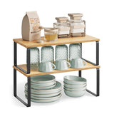 SONGMICS Cabinet Organizer Shelf, Set of 2 Kitchen Counter Shelves, Kitchen Storage, Spice Rack, Stackable, Expandable, Metal and Engineered Wood, Ink Black and Natural Beige UKCS200B01 SONGMICS