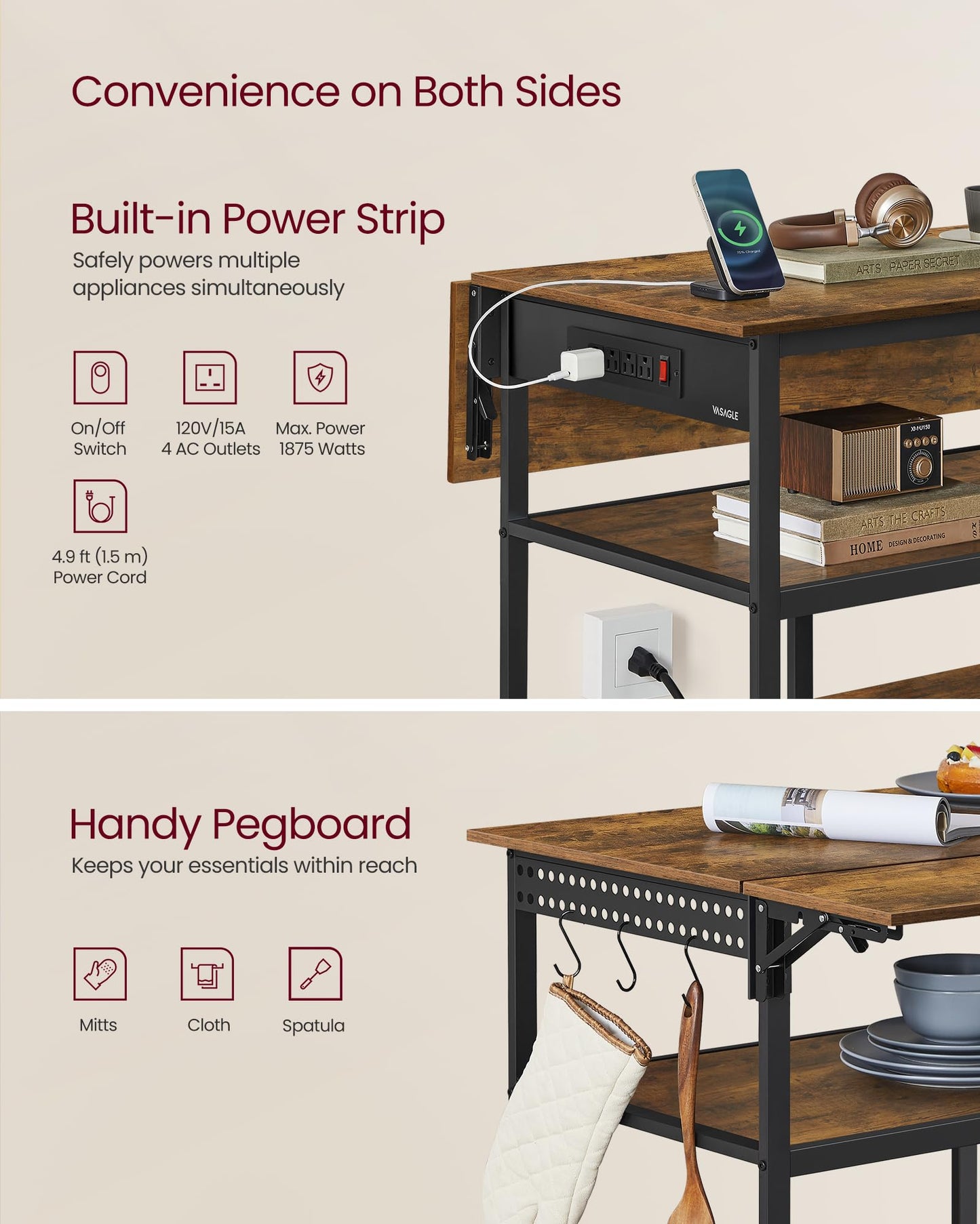 VASAGLE Kitchen Island with Drop Leaf, 47.2" Width Rolling Kitchen Cart with Power Strip, Extendable Worktop, Workbench,Pegboard, Adjustable Shelf, Rustic Brown and Ink Black UKKI013K01