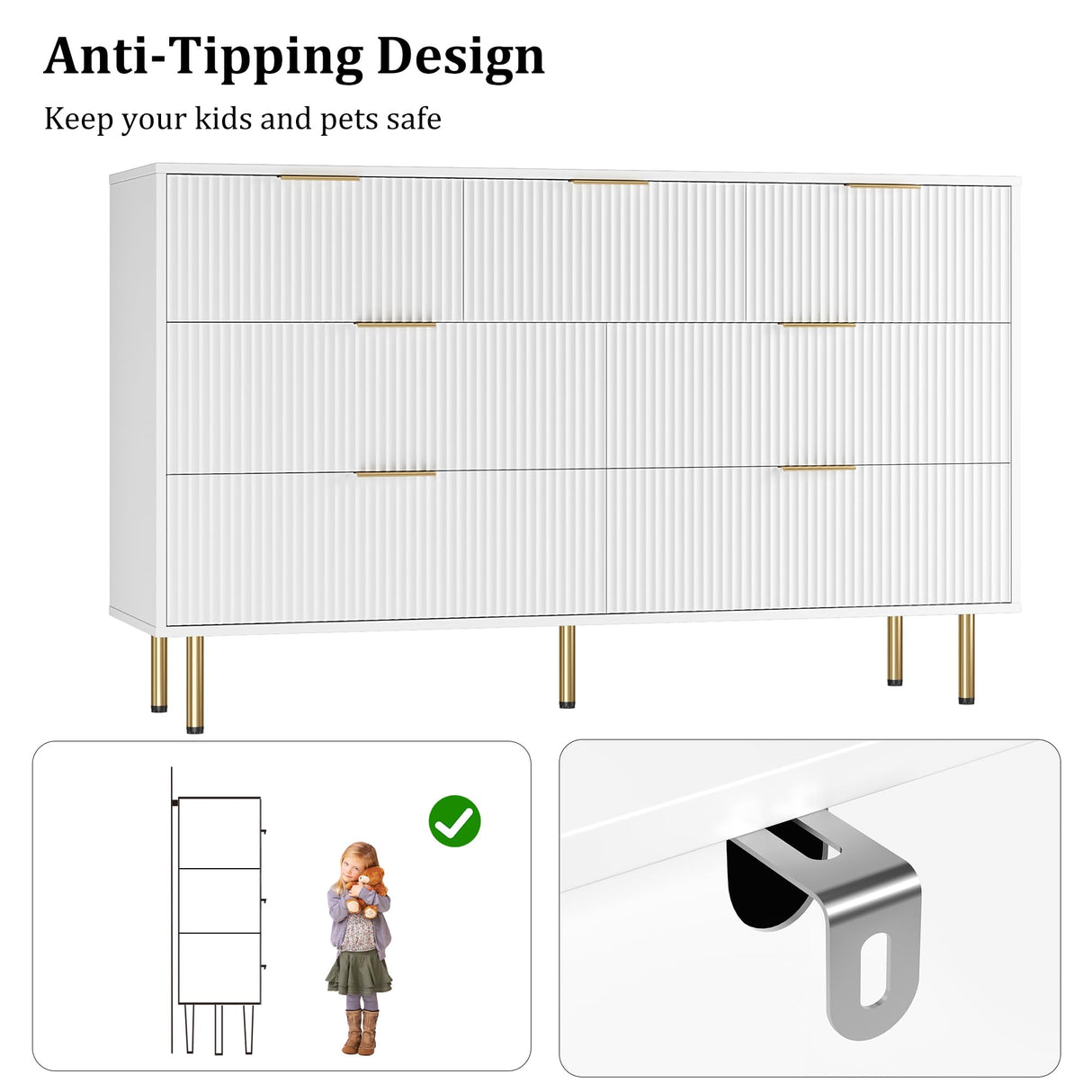 GarveeHome Fluted Wood Dresser 7 Drawers Dresser for Bedroom, Large Modern White Dresser with Gold Handle, Wood Drawer Organizer for Bedroom, Living Room, Hallway, Entryway GarveeHome