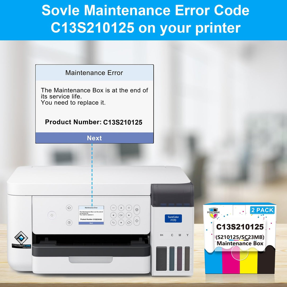 C13S210125 Ink Maintenance Box (S210125/SC23MB), Waste Ink Tank Replacement Compatible for EPSON Surecolor SC-F170 F100 F150 Dye Sub Printers - 2 Packs Poschink