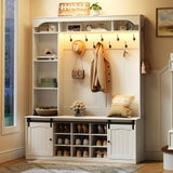HOOBRO Hall Tree with Bench, 59" Entryway Bench with Coat Rack and Shoe Cabinet, LED Farmhouse Hall Tree with Shoe Storage, 13 Shoe Cubbies and Barn Doors, Wooden, Mud Room, White WT190DMT01 HOOBRO