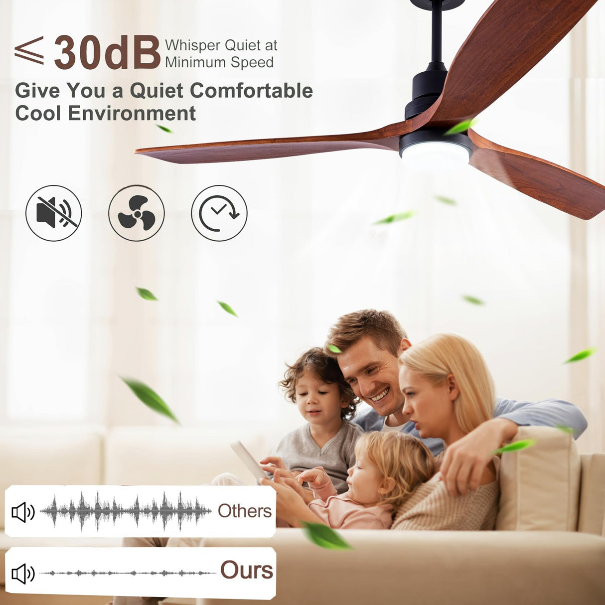 QUTWOB 48" Wood Ceiling Fan with Light and Remote Control, Indoor Outdoor Wooden 3 Blades Ceiling Fan for Patio Living Room, Bedroom, Office,Reversible DC Motor(Black+Dark Walnut) QUTWOB