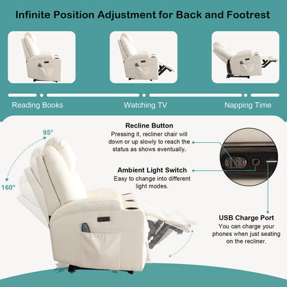 Power Recliner Chair with Heat and Massage for Adults - Home Theater Seating with LED Lights,Cup Holders,Side Pocket,USB Port - Recliner Sofa for Living Room (Beige, Single Recliner)