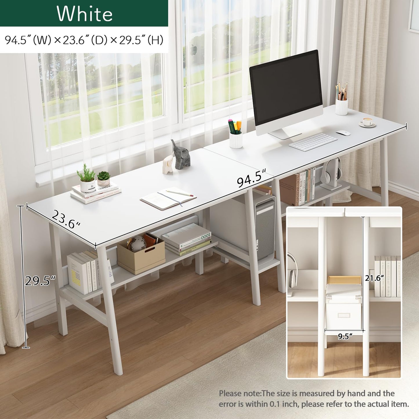 NELYE 94" Double Study Desk with Bookshelf - Spacious Wooden Workstation in White - WoodArtSupply