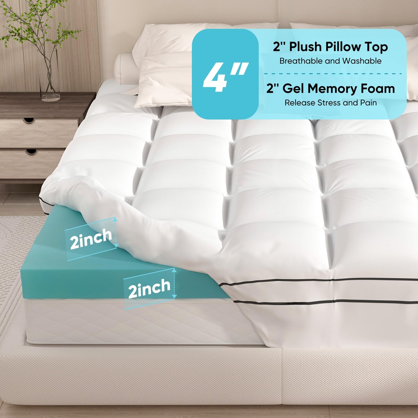 Memory Foam Mattress Topper King Size, Dual Layer 4 Inch Mattress Pad,2 Inch Gel Memory Foam Plus 2 Inch Pillow Top Cover with 8-21 Inch Deep Pocket