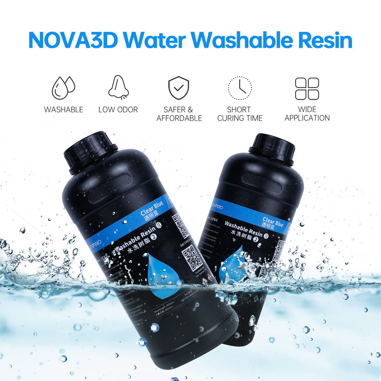 NOVA3D 3D Printer Resin Washable Clear Blue,Photopolymer 405nm Rapid Curing Resin, Water Washable Resin Low Ordor,Shock Resistance,Designed for Monochrome LCD 3D Printing Printer 500g NOVA3D