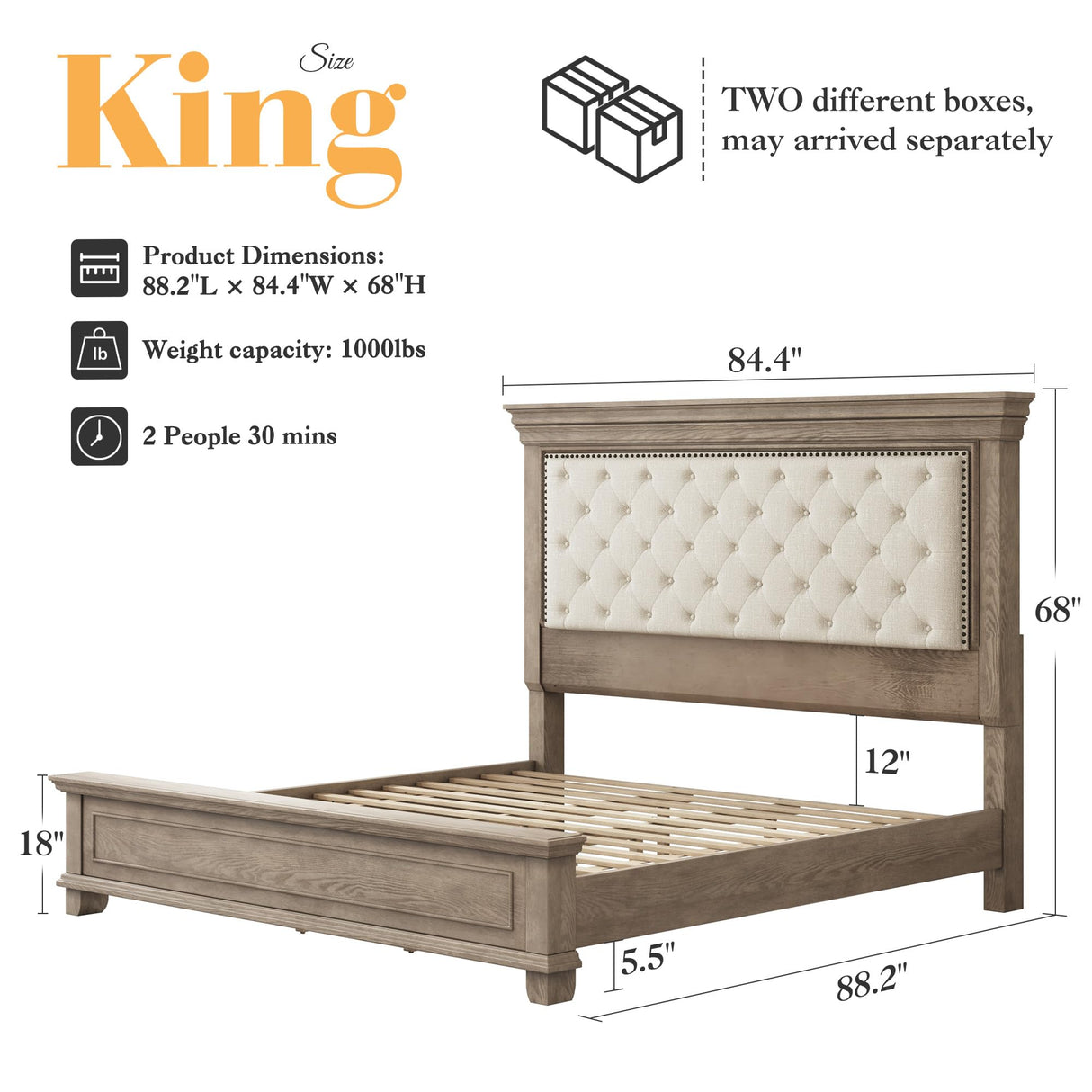 LUXOAK Solid Pine Wood King Bed Frame with 69" High Upholstered Headboard, Transitional Style Platform Bed, No Box Spring Needed & Easy Assembly, Button-Tufted Chenille Fabric, Antique Taupe LUXOAK