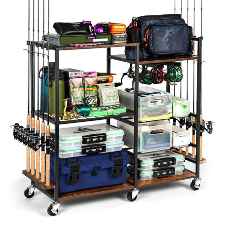 Ghosthorn Fishing Rod Holders for Garage Fishing Pole Rack Containers Included, up to 10 Rods Tackle Box Reel Storage Fishing Rod Rack Rotating Cart Fishing Gear Equipment Organizer Ghosthorn
