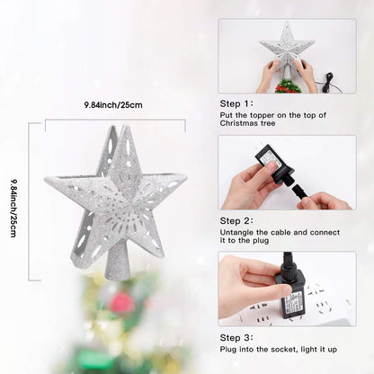 DG-Direct Christmas Tree Topper Lighted Star [Silver],3D Hollow Sparkling Star Christmas Tree Topper with Rotating Magic Cool White Snowflake Projector for Christmas Tree Ornament (Silver)