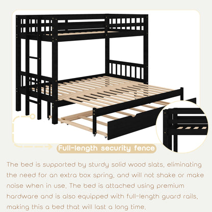 Twin Over Twin/King Bunk Beds with Trundle, Twin Over Pull-Out bunk Bed Accommodate 4 People for Kids, Adult, Extendable Bunk Beds with Ladder and Safety Rail,Espresso