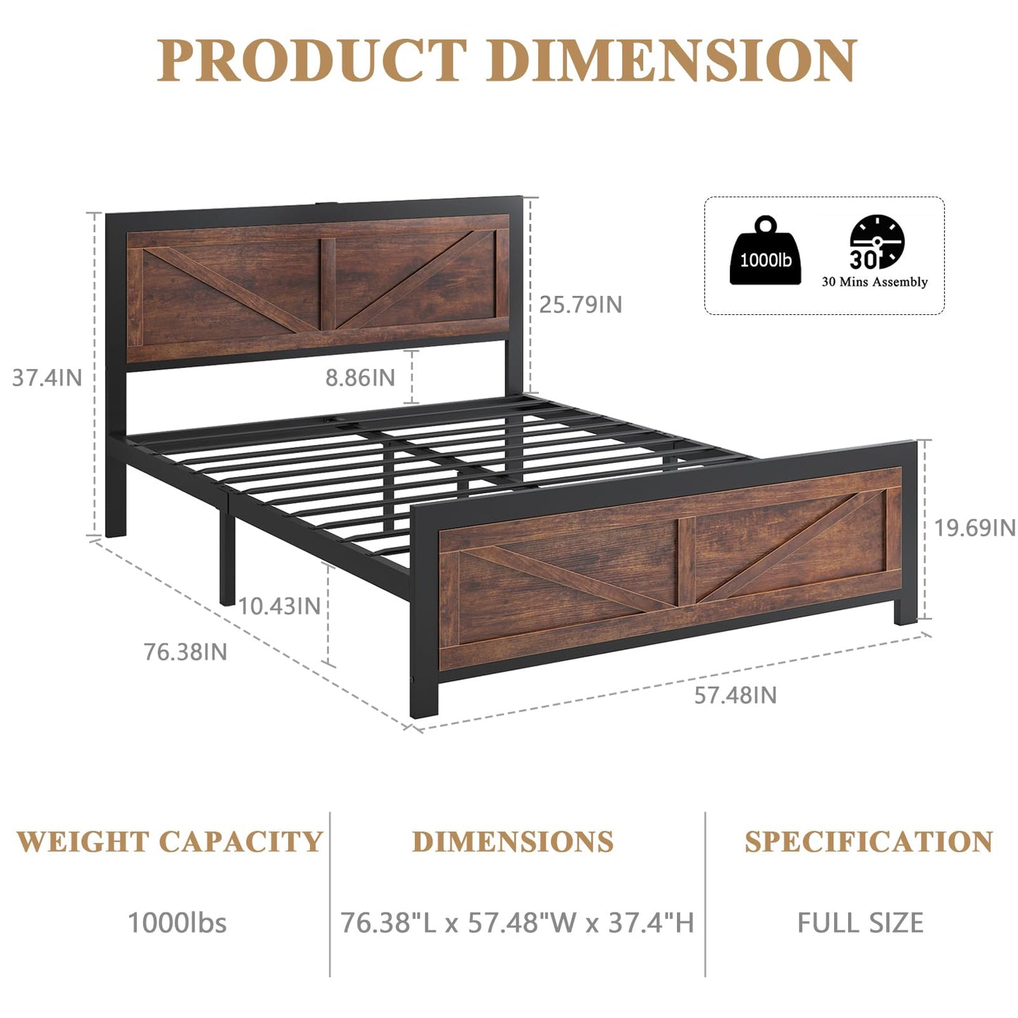 DOGIBIXO Rustic Brown Full Size Bed Frame with LED Lights, Charging Station, and Vintage Barn Door Headboard - WoodArtSupply