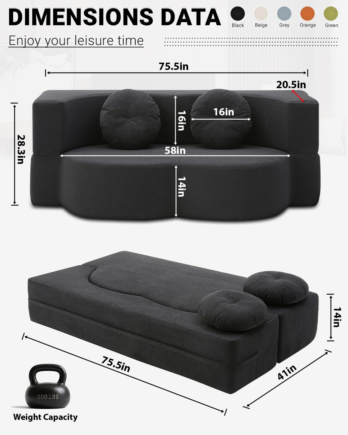 HANXIN Futon Twin Size Sofa Bed, 76 Inch Boneless Couch for Living Room, Floor Loveseat Sleeper with Pull Out Bed, 2-in-1 Folding Convertible Couch Bed for Small Space, Bedroom (Black) HANXIN