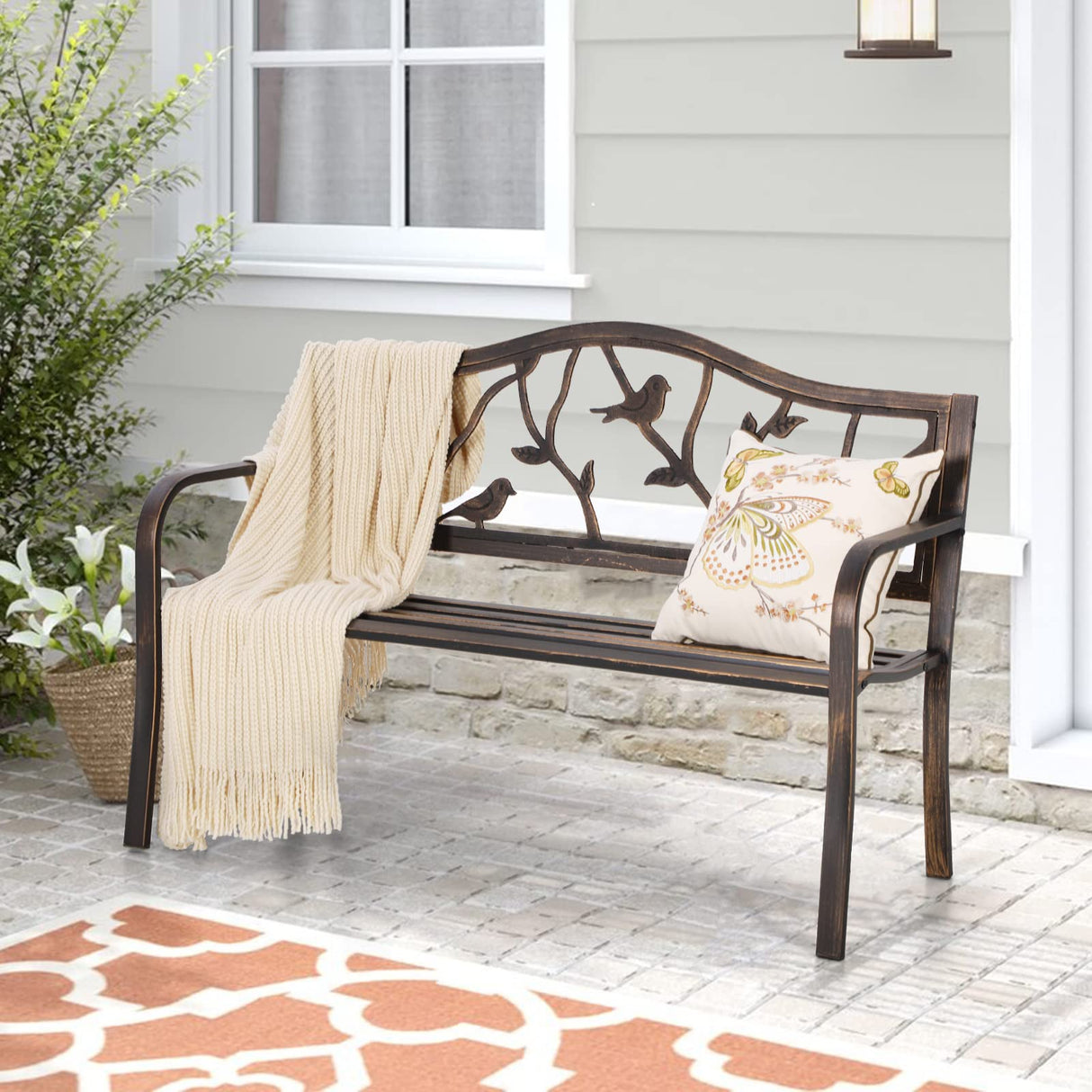 Sophia & William Outdoor Bench, Porch Bench, Garden Bench, Wrought Iron Bench with Backrest and Armrests, Bronze Sophia & William