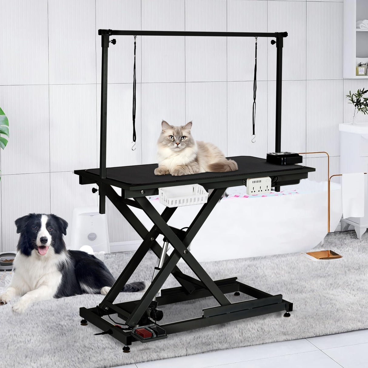 50" Dog Grooming Table, Electric Hydraulic Grooming Table with Aluminium Overhead Arm, Anti Slip Tabletop, 6 USB Ports for Large Dogs At Home and Salon, Maximum Capacity Up to 300Lb, Black GarveeHome