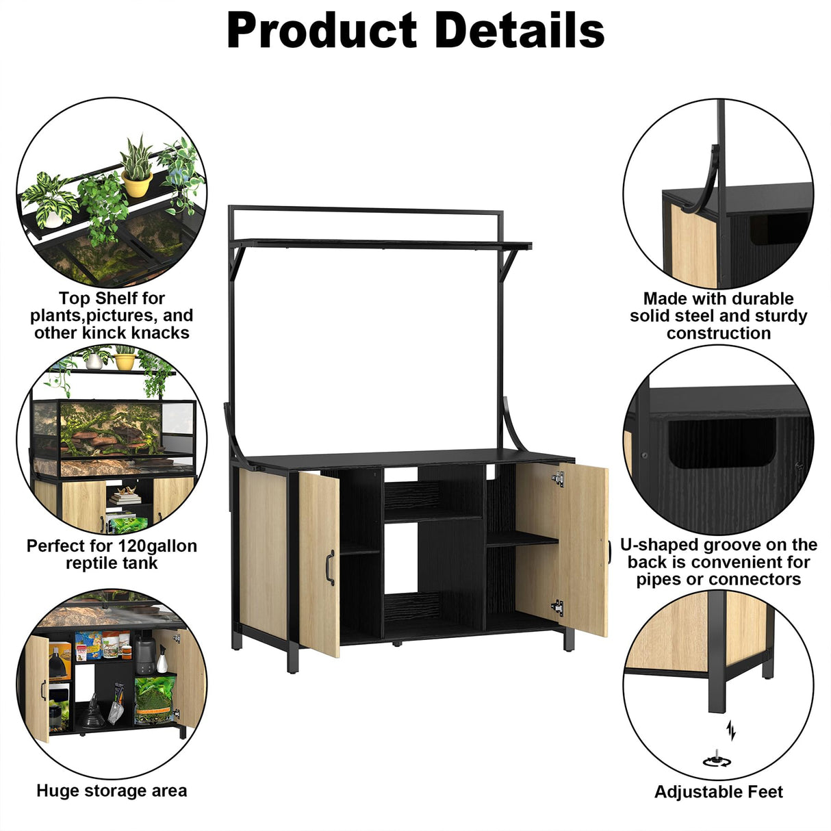 GDLF Reptile Tank Stand Terrarium Stand with Cabinet for Accessories Storage 48" X 24" Tabletop Fits up to 120 Gallon Bearded Dragon Tank, Reptile Terrarium,turtle tank,Natural Wood Color GDLF
