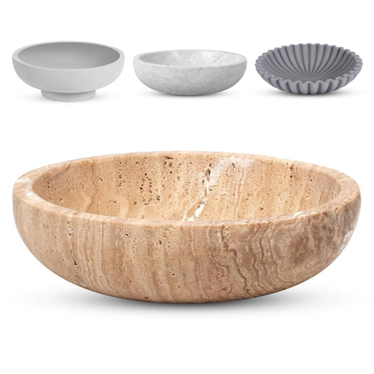 FNTSTICGOODS Travertine Decorative Bowl - 7.8” Diameter & 2” Height - Key Bowl for Entryway Table - Travertine Bowl for Fruit - Organic Modern Centerpiece Bowl - Beige/Natural