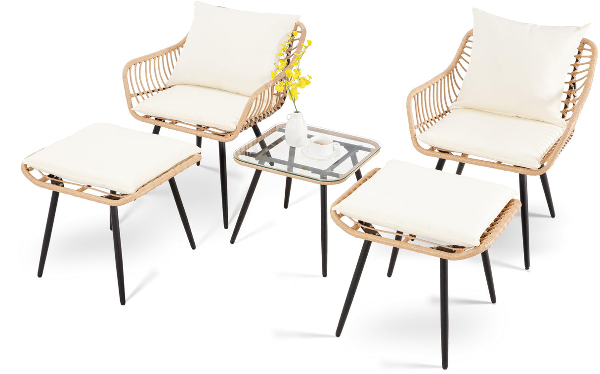 PORWEY 5 Piece Patio Bistro Set with Ottoman, Outdoor Wicker Apartment Balcony Furniture Sets, Rattan Table and Chairs Set of 2 for Porch Backyard Lawn Poolside Deck (Yellow/Beige) PORWEY