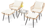 PORWEY 5 Piece Patio Bistro Set with Ottoman, Outdoor Wicker Apartment Balcony Furniture Sets, Rattan Table and Chairs Set of 2 for Porch Backyard Lawn Poolside Deck (Yellow/Beige) PORWEY