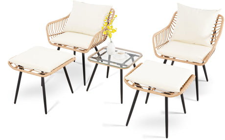 PORWEY 5 Piece Patio Bistro Set with Ottoman, Outdoor Wicker Apartment Balcony Furniture Sets, Rattan Table and Chairs Set of 2 for Porch Backyard Lawn Poolside Deck (Yellow/Beige) PORWEY