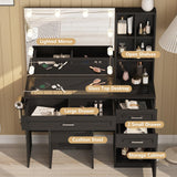 Fameill Vanity Desk with Lighted Mirror & Power Strip,Large Vanity Table with Glass top and Lots Storage,3 Drawer Makeup Desk with Hair Dryer Stand,3 Lighting Modes,Black Fameill